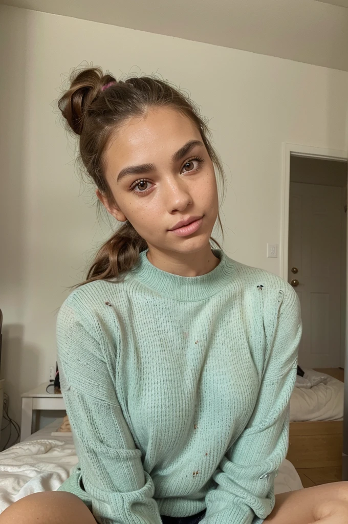 an instagram model wearing warm sweater, sitting in her room, perfect jaws , stylish posing, wavy medium Brunette hairs, ponytail hair style, greenish blue eyes, almond eye shape, tan skin tone, freckled, Ethnicity, Caucasian, arched eyebrows, pink thin lips, straight nose, young model, perfect figure, realistic photography