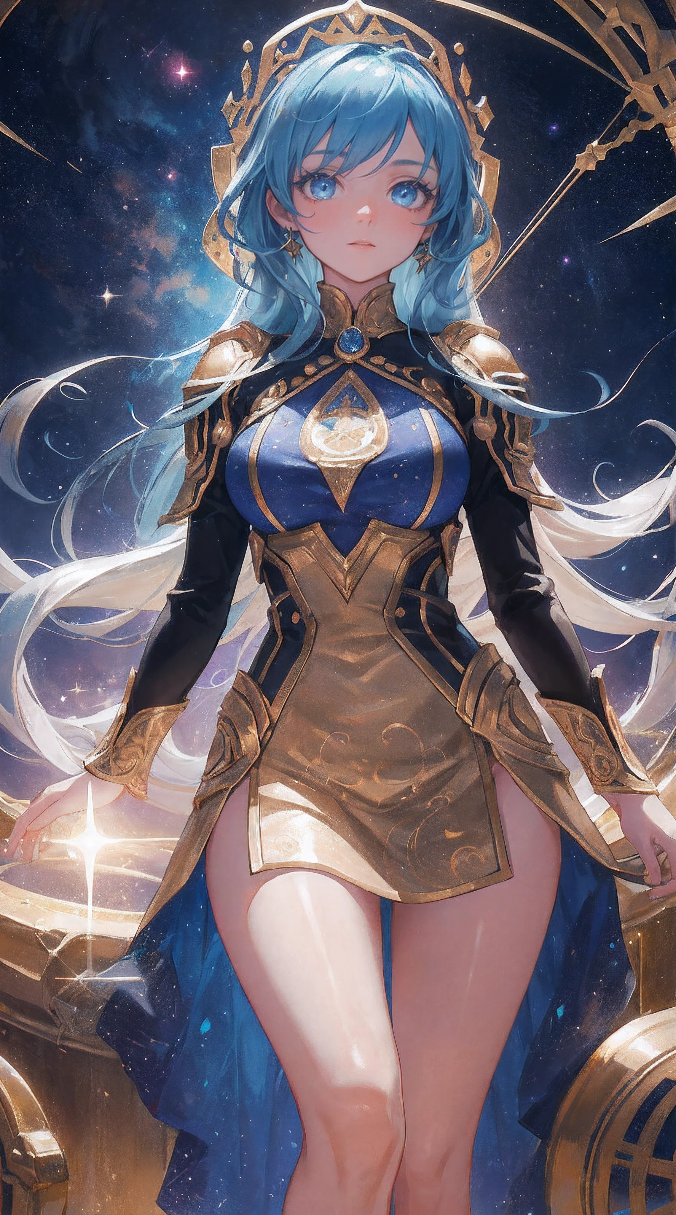 in the cosmic environment, Depicting a human head with controlled lighting, Exudes a powerful and charming light. Characters presented in the highest quality, 4K分辨率, And the intricate details, Seamlessly blend into the vast starry sky. The mural-style composition is complex and mysterious, against the bright, Stylized space scenes in a weightless environment. The style was inspired by the baroque complexity and energy of Rubens, Highly detailed images of the universe. Add a text at the bottom，Highlight nine lovely aspects of the scene.