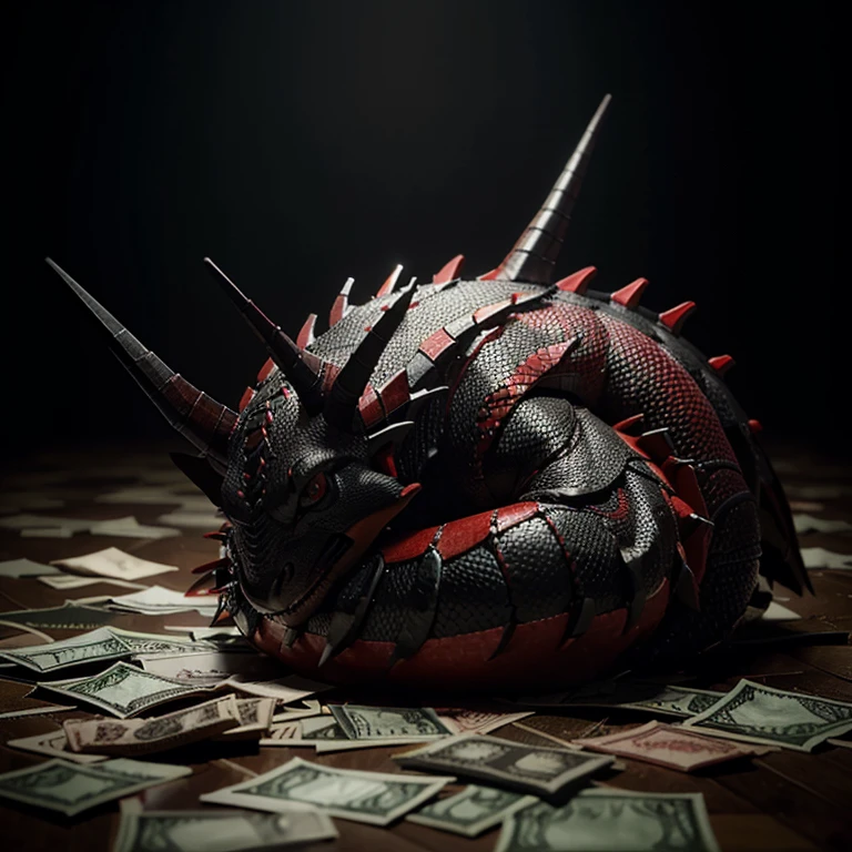 Black and red dragon laying on a pile of money