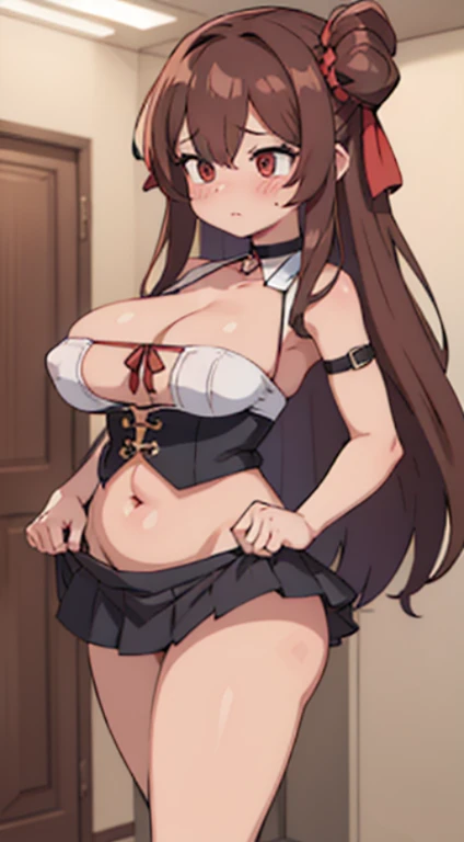 Brown_long_hair, 1girl, hair_over_one_eye, blush_on_cheeks, nipple outlines, excited, embarased, ashamed, shy, turned_on, black_choker, red_shoulder-length_shirt, open_shoulders, open_breasts, tiny_blue_skirt, perfect_quality, perfect_high_resolution, massive_sexy_breasts, sexy_young_girl, best noise removal, groin exposed, looking down confused, apreola peek, big belly