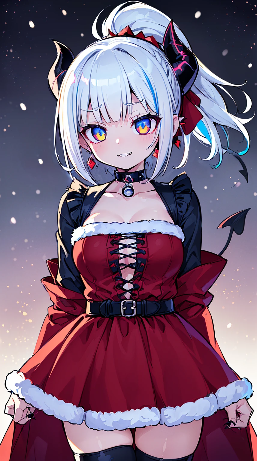 ((( (Winter background), (Snowing), (Christmas theme), (Slutty Santa outfit), ))) BLACKLIGHT, ((NSFW)), ((Medium Boobs)), realistic art, extremely delicate and beautiful, ultra-detailed, (1girl), ((Blue eyeloating, detailed light, illustration, dynamic angle, depth of field, ((((milf)))), girly, ((Blue and White hair, multicoloured hair, Blue highlights hair, (Ponytail), hair ornament, hair flower, flower, makeup, braid, smile)), demon eyes, fangs, pale white skin, (((best quality, tall girl, (skindentation), (blur background:0.6), (casual yet stylish, ((Demon Horns)), ), gorgeous, (short hair:1.5), soft lighting, wind, (front light:1.5), surprised, choker, smile, jewelry, earrings))), (ultra high res, best quality,), (8k, raw photo, best quality, masterpiece), technological sense, best quality, masterpiece, illustration,CG ,unity ,wallpaper, official art, Amazing, finely detail, an extremely delicate and beautiful,extremely detailed, highly detailed, sharp focus,rich background, (real person,photograph), ((high detailed skin)), ((( , (crazy eyes:1.3), (wide-eyed:1.2), (glowing eyes), (Demon) ))), (((a close up of a person with a weird face and nails, gothic maiden anime girl, gothic - cyberpunk, cyberpunk horror style, gothic art style, detailed digital anime art, gothic art, demon anime girl, gothic girl face, anime style 4 k, dark art style, anime cyberpunk art, gothic aesthetic, 18 - year - old anime goth girl, gothic horror vibes)))
