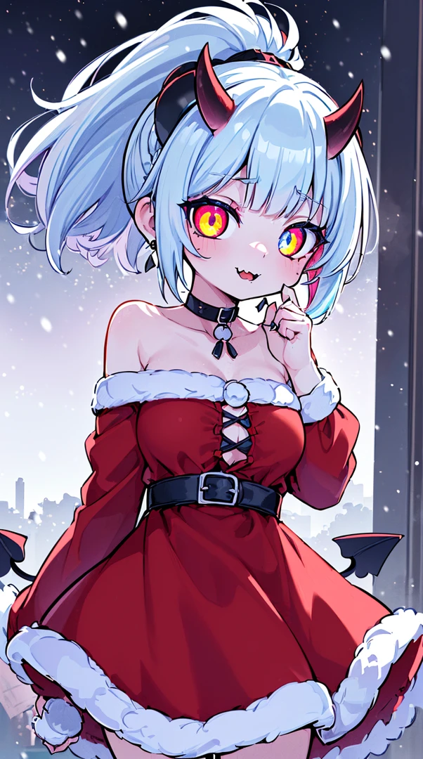 ((( (Winter background), (Snowing), (Christmas theme), (Slutty Santa outfit), ))) BLACKLIGHT, ((NSFW)), ((Medium Boobs)), realistic art, extremely delicate and beautiful, ultra-detailed, (1girl), ((Blue eyeloating, detailed light, illustration, dynamic angle, depth of field, ((((milf)))), girly, ((Blue and White hair, multicoloured hair, Blue highlights hair, (Ponytail), hair ornament, hair flower, flower, makeup, braid, smile)), demon eyes, fangs, pale white skin, (((best quality, tall girl, (skindentation), (blur background:0.6), (casual yet stylish, ((Demon Horns)), ), gorgeous, (short hair:1.5), soft lighting, wind, (front light:1.5), surprised, choker, smile, jewelry, earrings))), (ultra high res, best quality,), (8k, raw photo, best quality, masterpiece), technological sense, best quality, masterpiece, illustration,CG ,unity ,wallpaper, official art, Amazing, finely detail, an extremely delicate and beautiful,extremely detailed, highly detailed, sharp focus,rich background, (real person,photograph), ((high detailed skin)), ((( , (crazy eyes:1.3), (wide-eyed:1.2), (glowing eyes), (Demon) ))), (((a close up of a person with a weird face and nails, gothic maiden anime girl, gothic - cyberpunk, cyberpunk horror style, gothic art style, detailed digital anime art, gothic art, demon anime girl, gothic girl face, anime style 4 k, dark art style, anime cyberpunk art, gothic aesthetic, 18 - year - old anime goth girl, gothic horror vibes)))
