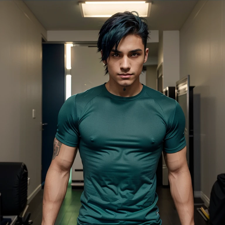 Anime style mid tone skinned male with dark blue hair and green eyes. Has scars and an energetic personality. Masculine and fit. Sexuallized