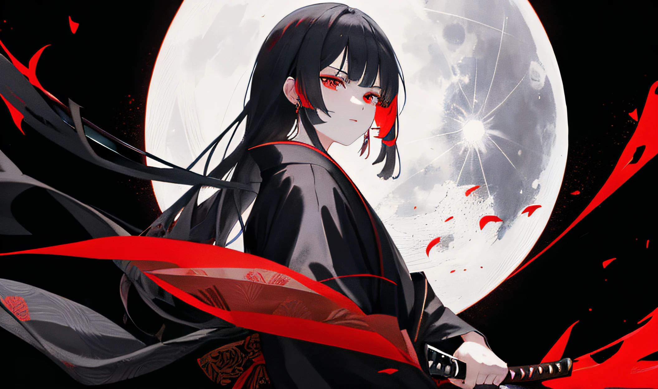 Masterpiece, Good Quality, extremely detailed wallpaper KG Unity 8K, Black Katana, a little red on the katana, katana handle with pattern, white moon in the background, Long katana, 1 katana, black and red kimono, Fixed face, red eyes