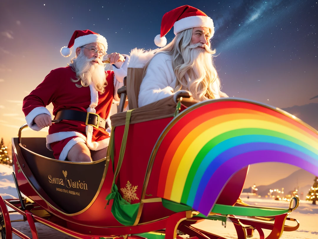 Craft a vibrant celebration where Santa and his sleigh traverse a rainbow sky, leaving behind a trail of fractal patterns while delivering multicolored presents.