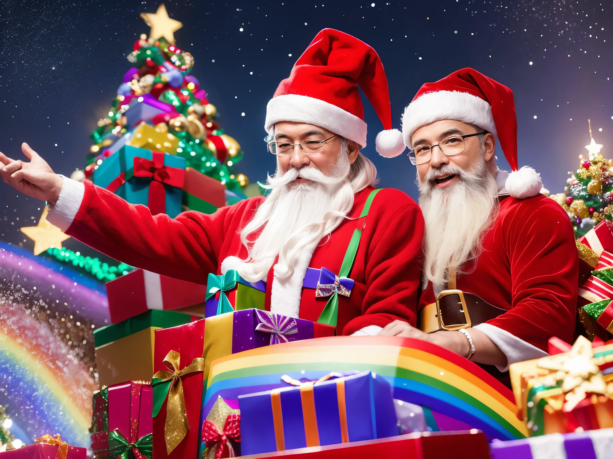 Craft a vibrant celebration where Santa and his sleigh traverse a rainbow sky, leaving behind a trail of fractal patterns while delivering multicolored presents.