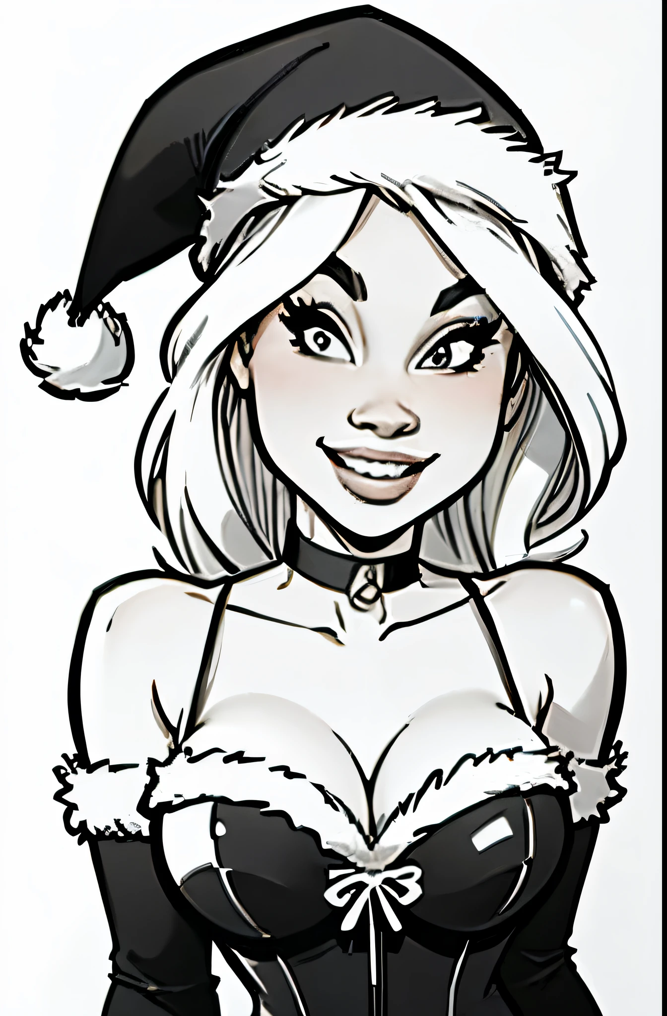 Line Art Styler, 1girl, solo, looking at viewer, smile, large breasts, Santa Claus Hat, white background, cleavage, fur trimmed corset, bare shoulders, collarbone, monochrome, upper body, greyscale, choker, sketch, traditional media