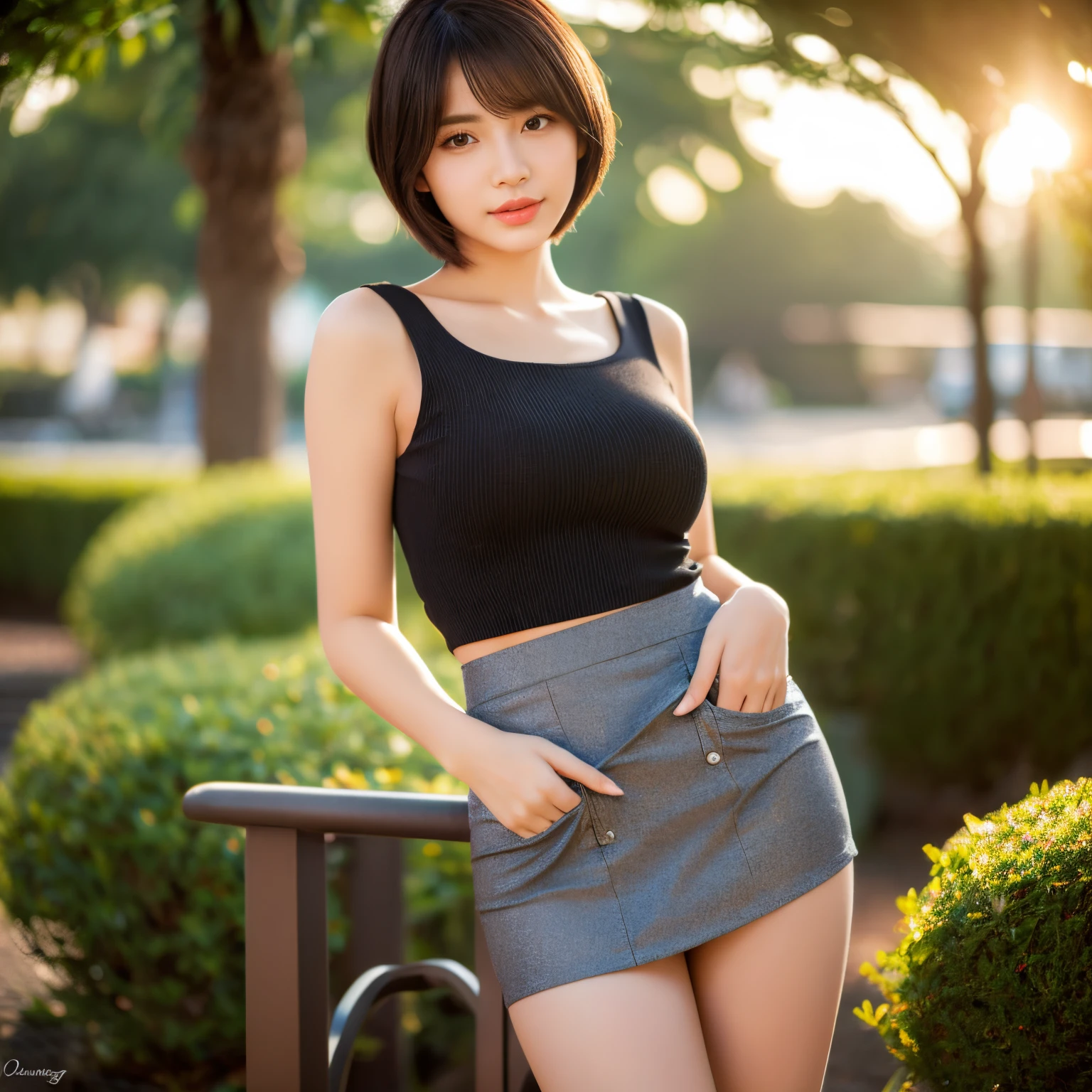 (hyper-realistic), (hight resolution), (8K), (ighly detailed), (beatiful detailed eyes), (top-quality), (ultra-detailliert), (​masterpiece), ((A detailed face)), Beautiful woman, ((solo)), (1girl:1.4), soft focus, Japanese woman, (Medium Bob cut), dark brown hair color, seductive smile, ((wearing deep_v-neck_dress, sweater)), ((white pleated skirt)), medium shot,sexy pose,beautiful cleavage, ((grassland)),(( Knee bent,sitting)), (black kneehighs:1.1), hand on the head,