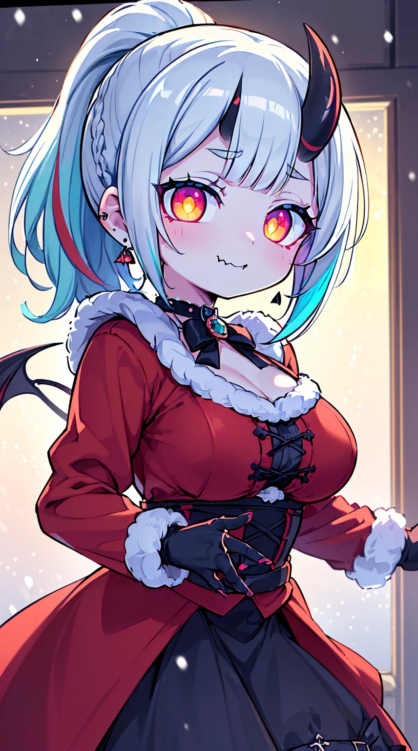 ((( (Winter background), (Snowing), (Christmas theme), (Slutty Santa outfit), ))) BLACKLIGHT, ((NSFW)), ((Medium Boobs)), realistic art, extremely delicate and beautiful, ultra-detailed, (1girl), ((Blue eyeloating, detailed light, illustration, dynamic angle, depth of field, ((((milf)))), girly, ((Blue and White hair, multicoloured hair, Blue highlights hair, (Ponytail), hair ornament, hair flower, flower, makeup, braid, smile)), demon eyes, fangs, pale white skin, (((best quality, tall girl, (skindentation), (blur background:0.6), (casual yet stylish, ((Demon Horns)), ), gorgeous, (short hair:1.5), soft lighting, wind, (front light:1.5), surprised, choker, smile, jewelry, earrings))), (ultra high res, best quality,), (8k, raw photo, best quality, masterpiece), technological sense, best quality, masterpiece, illustration,CG ,unity ,wallpaper, official art, Amazing, finely detail, an extremely delicate and beautiful,extremely detailed, highly detailed, sharp focus,rich background, (real person,photograph), ((high detailed skin)), ((( , (crazy eyes:1.3), (wide-eyed:1.2), (glowing eyes), (Demon) ))), (((a close up of a person with a weird face and nails, gothic maiden anime girl, gothic - cyberpunk, cyberpunk horror style, gothic art style, detailed digital anime art, gothic art, demon anime girl, gothic girl face, anime style 4 k, dark art style, anime cyberpunk art, gothic aesthetic, 18 - year - old anime goth girl, gothic horror vibes)))