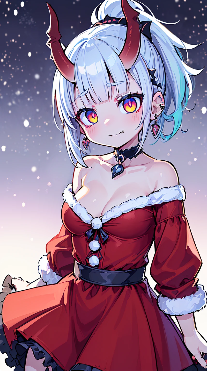 ((( (Winter background), (Snowing), (Christmas theme), (Slutty Santa outfit), ))) BLACKLIGHT, ((NSFW)), ((Medium Boobs)), realistic art, extremely delicate and beautiful, ultra-detailed, (1girl), ((Blue eyeloating, detailed light, illustration, dynamic angle, depth of field, ((((milf)))), girly, ((Blue and White hair, multicoloured hair, Blue highlights hair, (Ponytail), hair ornament, hair flower, flower, makeup, braid, smile)), demon eyes, fangs, pale white skin, (((best quality, tall girl, (skindentation), (blur background:0.6), (casual yet stylish, ((Demon Horns)), ), gorgeous, (short hair:1.5), soft lighting, wind, (front light:1.5), surprised, choker, smile, jewelry, earrings))), (ultra high res, best quality,), (8k, raw photo, best quality, masterpiece), technological sense, best quality, masterpiece, illustration,CG ,unity ,wallpaper, official art, Amazing, finely detail, an extremely delicate and beautiful,extremely detailed, highly detailed, sharp focus,rich background, (real person,photograph), ((high detailed skin)), ((( , (crazy eyes:1.3), (wide-eyed:1.2), (glowing eyes), (Demon) ))), (((a close up of a person with a weird face and nails, gothic maiden anime girl, gothic - cyberpunk, cyberpunk horror style, gothic art style, detailed digital anime art, gothic art, demon anime girl, gothic girl face, anime style 4 k, dark art style, anime cyberpunk art, gothic aesthetic, 18 - year - old anime goth girl, gothic horror vibes)))