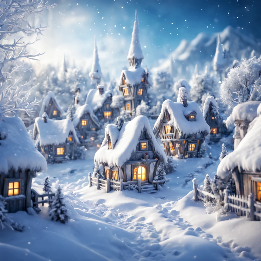 Close-up photo of a magical Winter Wonderland., A winter wonderland with its snowy inhabitants, Winter snow houses and snow creatures, in a fabulous Winter Wonderland, A winter wonderland with its own details, great depth of field, Hi-Def, Extremely realistic, Extremely detailed, cinematic treatment, HDR, Photorealistic, tmasterpiece