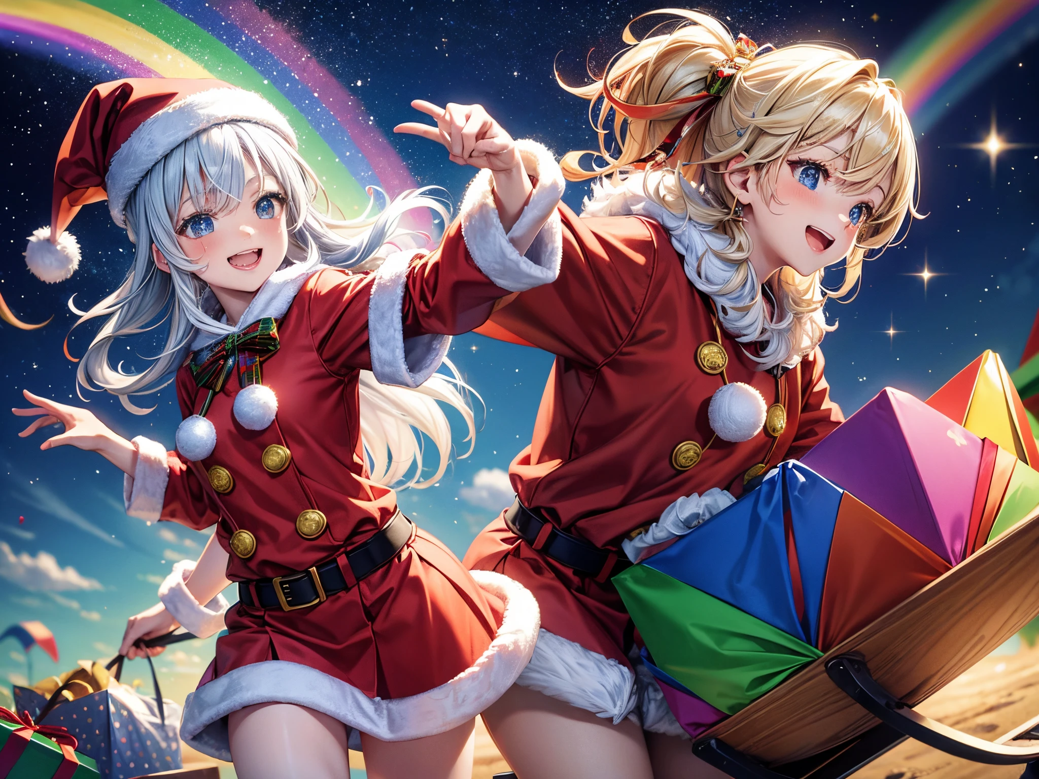 Craft a vibrant celebration where Santa and his sleigh traverse a rainbow sky, leaving behind a trail of fractal patterns while delivering multicolored presents.