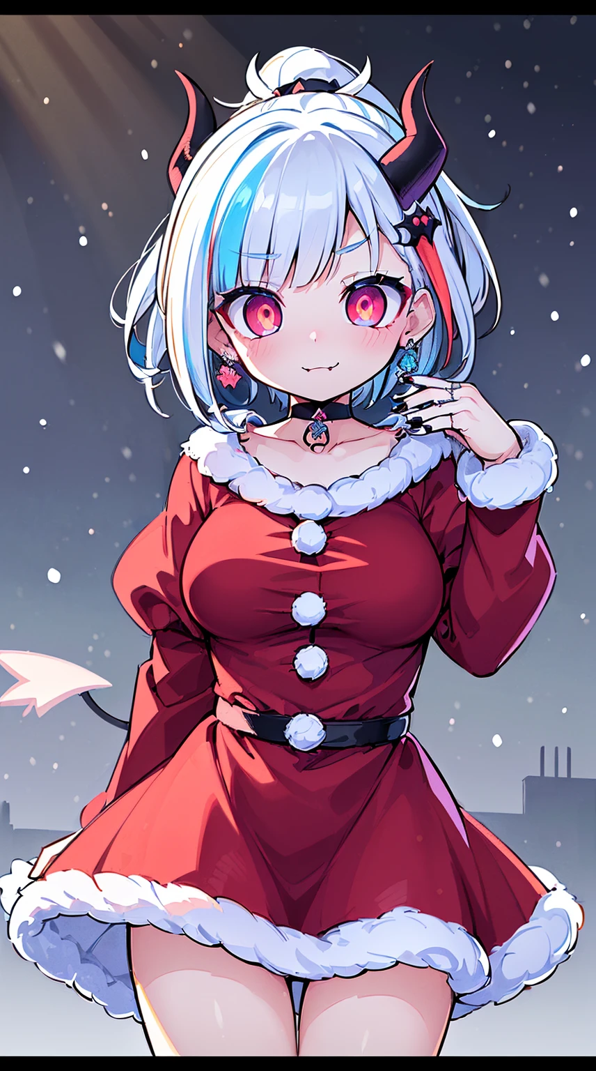 ((( (Winter background), (Snowing), (Christmas theme), (Slutty Santa outfit), ))) BLACKLIGHT, ((NSFW)), ((Medium Boobs)), realistic art, extremely delicate and beautiful, ultra-detailed, (1girl), ((Blue eyeloating, detailed light, illustration, dynamic angle, depth of field, ((((milf)))), girly, ((Blue and White hair, multicoloured hair, Blue highlights hair, (Ponytail), hair ornament, hair flower, flower, makeup, braid, smile)), demon eyes, fangs, pale white skin, (((best quality, tall girl, (skindentation), (blur background:0.6), (casual yet stylish, ((Demon Horns)), ), gorgeous, (short hair:1.5), soft lighting, wind, (front light:1.5), surprised, choker, smile, jewelry, earrings))), (ultra high res, best quality,), (8k, raw photo, best quality, masterpiece), technological sense, best quality, masterpiece, illustration,CG ,unity ,wallpaper, official art, Amazing, finely detail, an extremely delicate and beautiful,extremely detailed, highly detailed, sharp focus,rich background, (real person,photograph), ((high detailed skin)), ((( , (crazy eyes:1.3), (wide-eyed:1.2), (glowing eyes), (Demon) ))), (((a close up of a person with a weird face and nails, gothic maiden anime girl, gothic - cyberpunk, cyberpunk horror style, gothic art style, detailed digital anime art, gothic art, demon anime girl, gothic girl face, anime style 4 k, dark art style, anime cyberpunk art, gothic aesthetic, 18 - year - old anime goth girl, gothic horror vibes)))