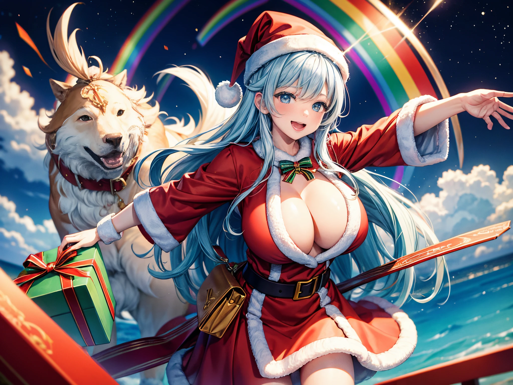 Craft a vibrant celebration where Santa and his sleigh traverse a rainbow sky, leaving behind a trail of fractal patterns while delivering multicolored presents. enormous tits