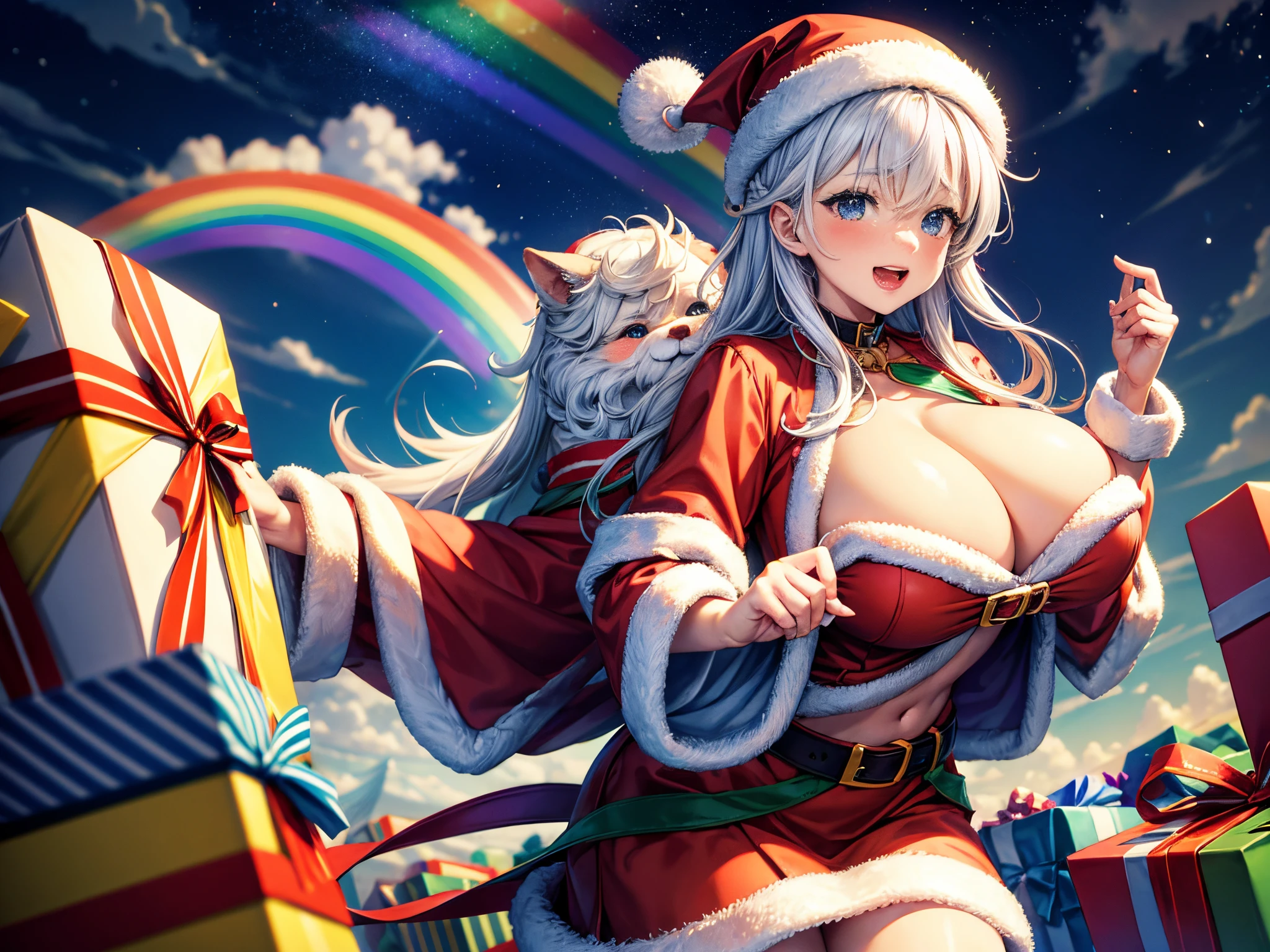 Craft a vibrant celebration where Santa and his sleigh traverse a rainbow sky, leaving behind a trail of fractal patterns while delivering multicolored presents. enormous tits