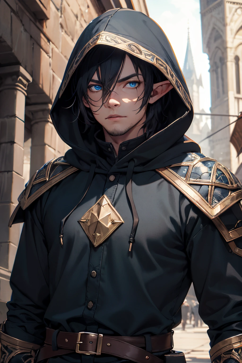 (extremely detailed 8k wallpaper), a medium shot of a fearful rogue, male elf, male focus, black hair, blue eyes, black clothing, hooded, medieval, intricate, high detail