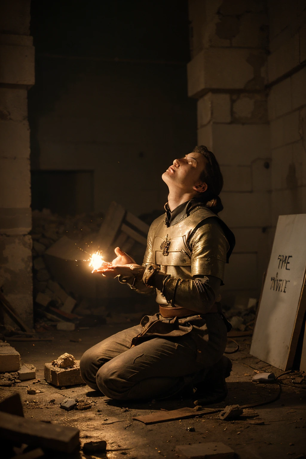 ((best quality)), ((master part)), (circunstanciado),
young man, rubble, destruction, kneeling looking up, yellow flowers, medieval times, lighting, full body, high quality, renaissance painting