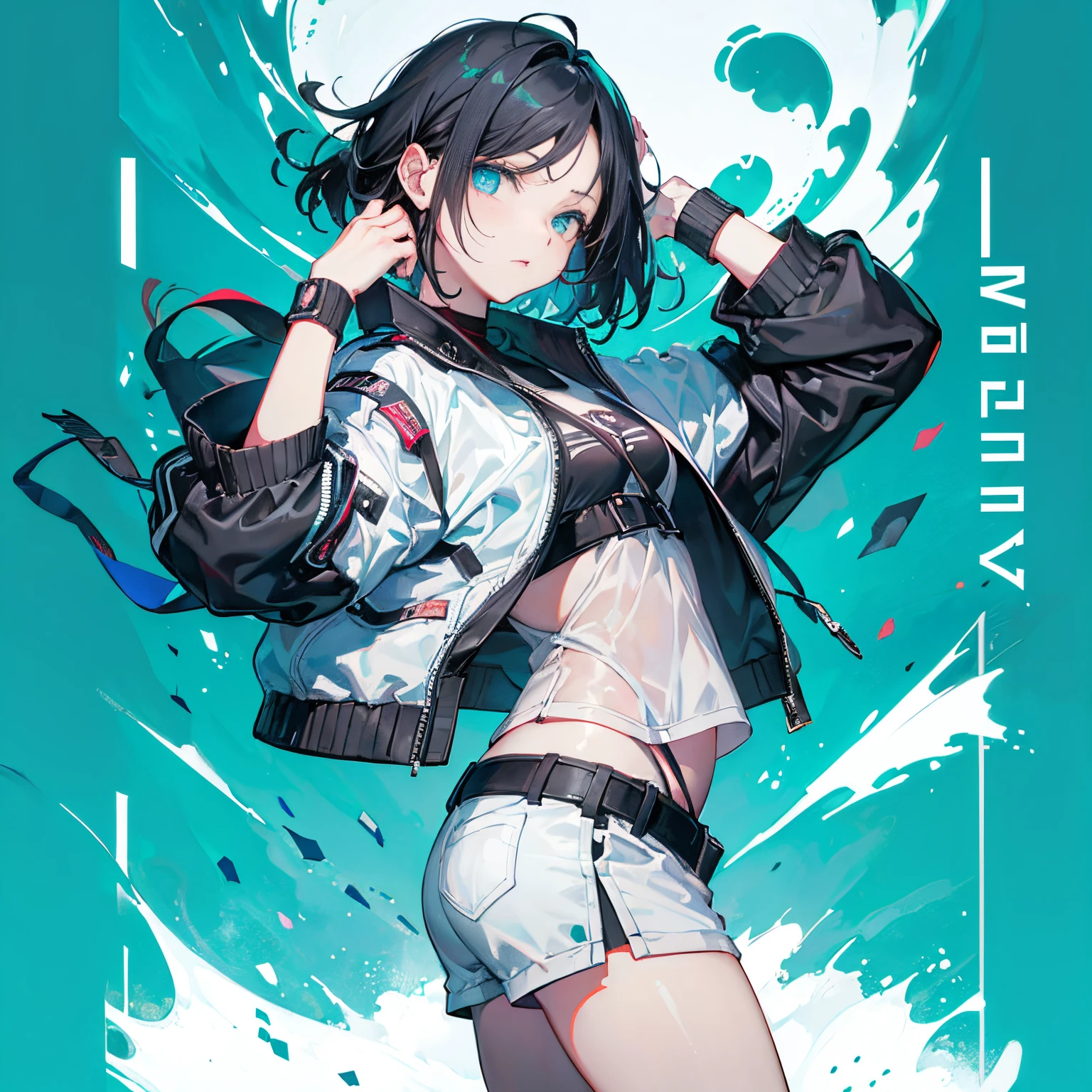 (masutepiece:1.2, Best Quality),  [1 girl in, expressioness, Turquoise eyes, black hair, half short cut hair,White Jacket,jacket comes off, ,Upper body]  (Gray white background:1.2),