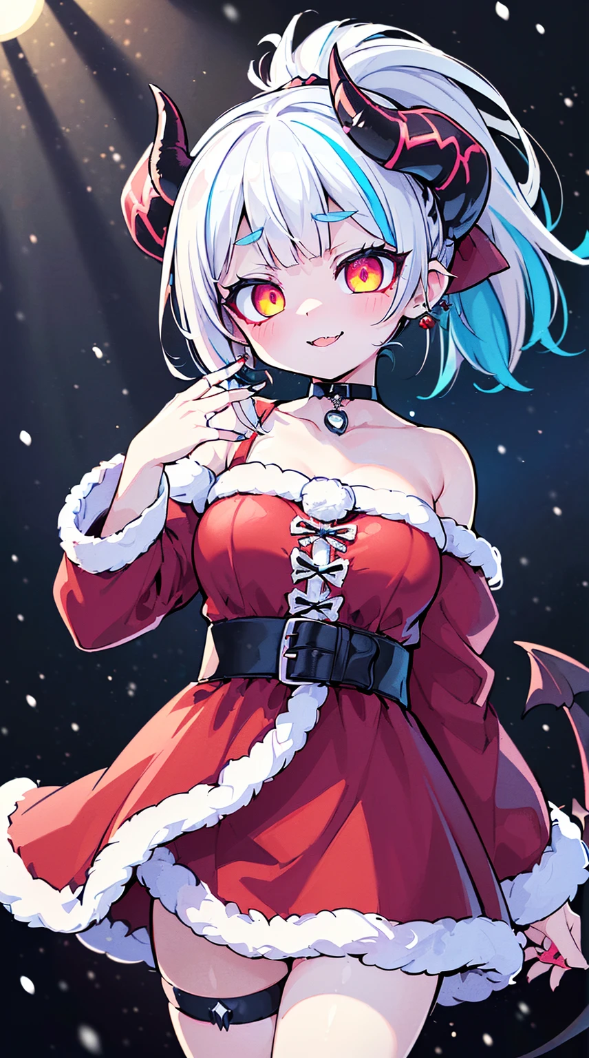 ((( (Winter background), (Snowing), (Christmas theme), (Slutty Santa outfit), ))) BLACKLIGHT, ((NSFW)), ((Medium Boobs)), realistic art, extremely delicate and beautiful, ultra-detailed, (1girl), ((Blue eyeloating, detailed light, illustration, dynamic angle, depth of field, ((((milf)))), girly, ((Blue and White hair, multicoloured hair, Blue highlights hair, (Ponytail), hair ornament, hair flower, flower, makeup, braid, smile)), demon eyes, fangs, pale white skin, (((best quality, tall girl, (skindentation), (blur background:0.6), (casual yet stylish, ((Demon Horns)), ), gorgeous, (short hair:1.5), soft lighting, wind, (front light:1.5), surprised, choker, smile, jewelry, earrings))), (ultra high res, best quality,), (8k, raw photo, best quality, masterpiece), technological sense, best quality, masterpiece, illustration,CG ,unity ,wallpaper, official art, Amazing, finely detail, an extremely delicate and beautiful,extremely detailed, highly detailed, sharp focus,rich background, (real person,photograph), ((high detailed skin)), ((( , (crazy eyes:1.3), (wide-eyed:1.2), (glowing eyes), (Demon) ))), (((a close up of a person with a weird face and nails, gothic maiden anime girl, gothic - cyberpunk, cyberpunk horror style, gothic art style, detailed digital anime art, gothic art, demon anime girl, gothic girl face, anime style 4 k, dark art style, anime cyberpunk art, gothic aesthetic, 18 - year - old anime goth girl, gothic horror vibes)))