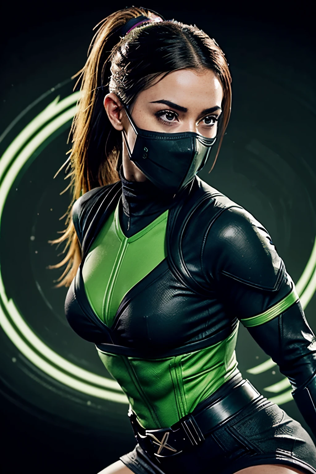 midshot, centered image, ultra detailed illustration of Jade from Mortal Kombat, green clothes, posing, (tetradic colors), inkpunk, (ink lines:1.1), strong outlines, art by MSchiffer, bold traces, unframed, high contrast, (cel-shaded:1.1), vector, 32k resolution, best quality, flat colors, flat lights (Tati Gabrielle) ninja mask