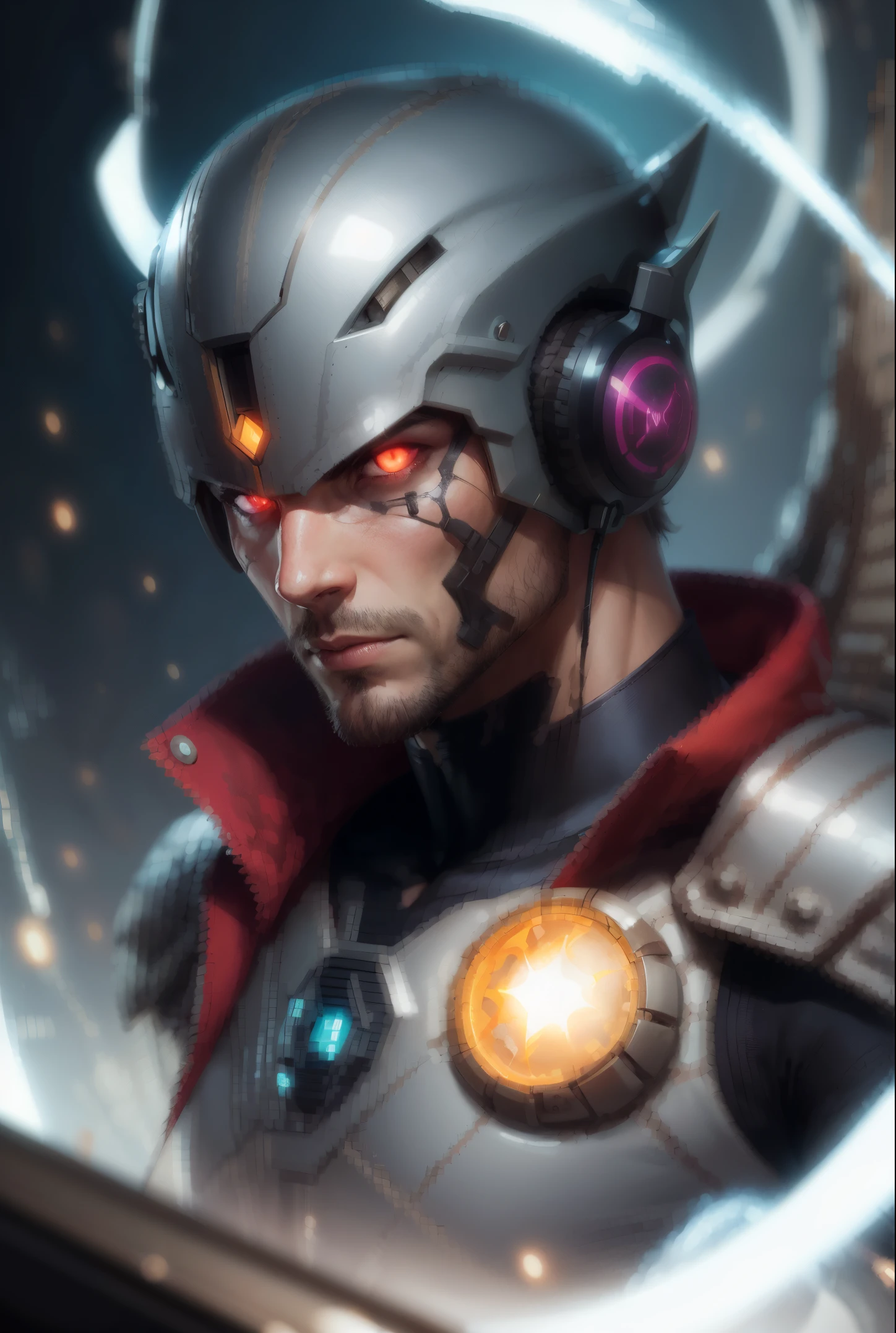 close-up of a man in a helmet with glowing eyes, artgerm. anime illustration, It has headphones, League of Legends Arcane, As a character in Tekken, Portrait of Professor Sinister, falcon bird face, earphones, Who is a male android, Cyborg Wing, bard, explosion, 5 s, official Marvel media