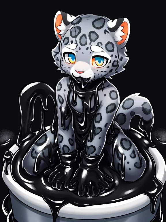 A male snow leopard cub，Only the head is exposed in a bucket filled with black slime，Covered with mucus，slimes，light orange cuollars，Covered with mucus，sink into（（full of black goo）），Kneeling，A bucket of black slime poured on the face