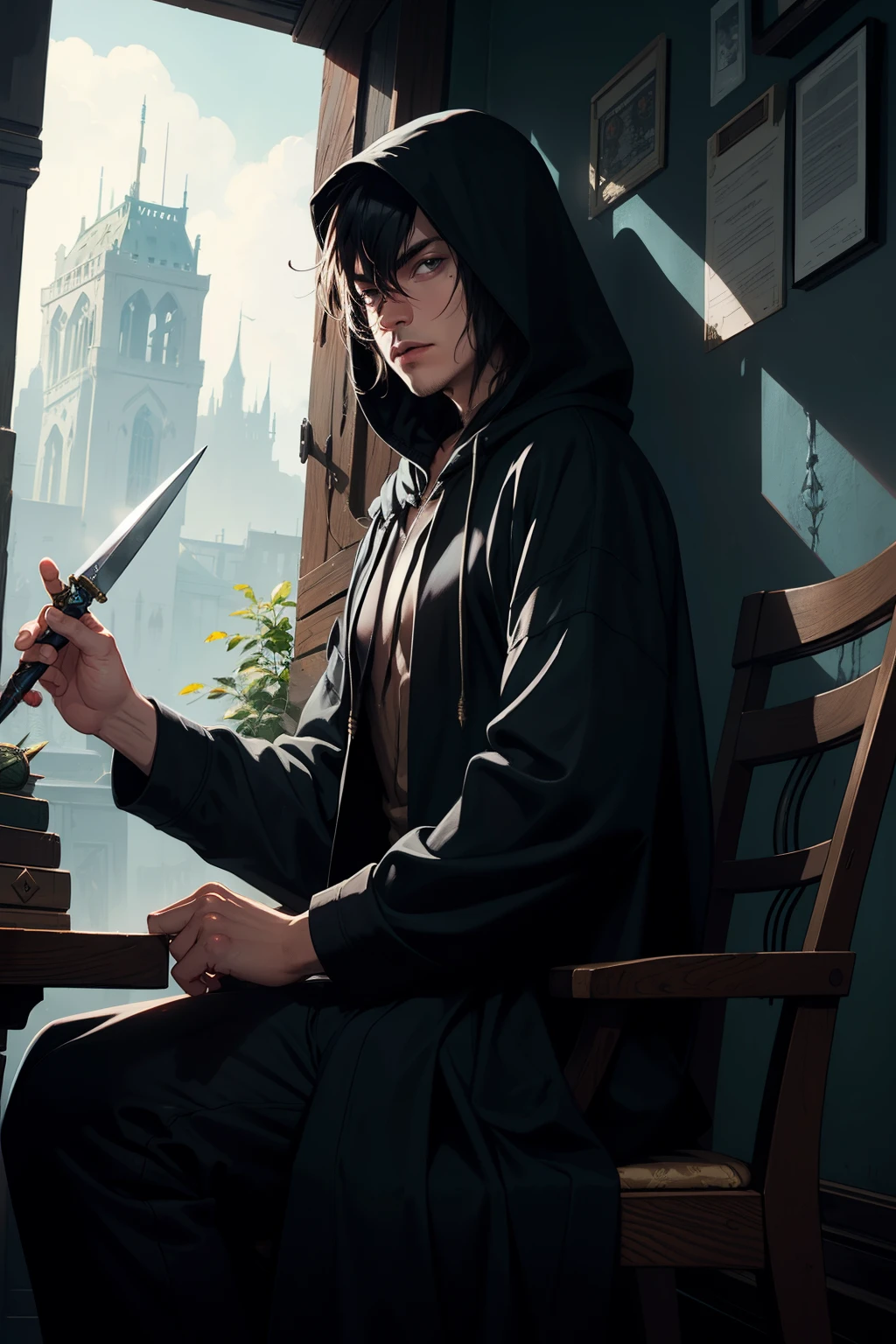 man mysterious elf assassin arcane trickster rogue dark robe hooded black short hair with a dagger dnd character