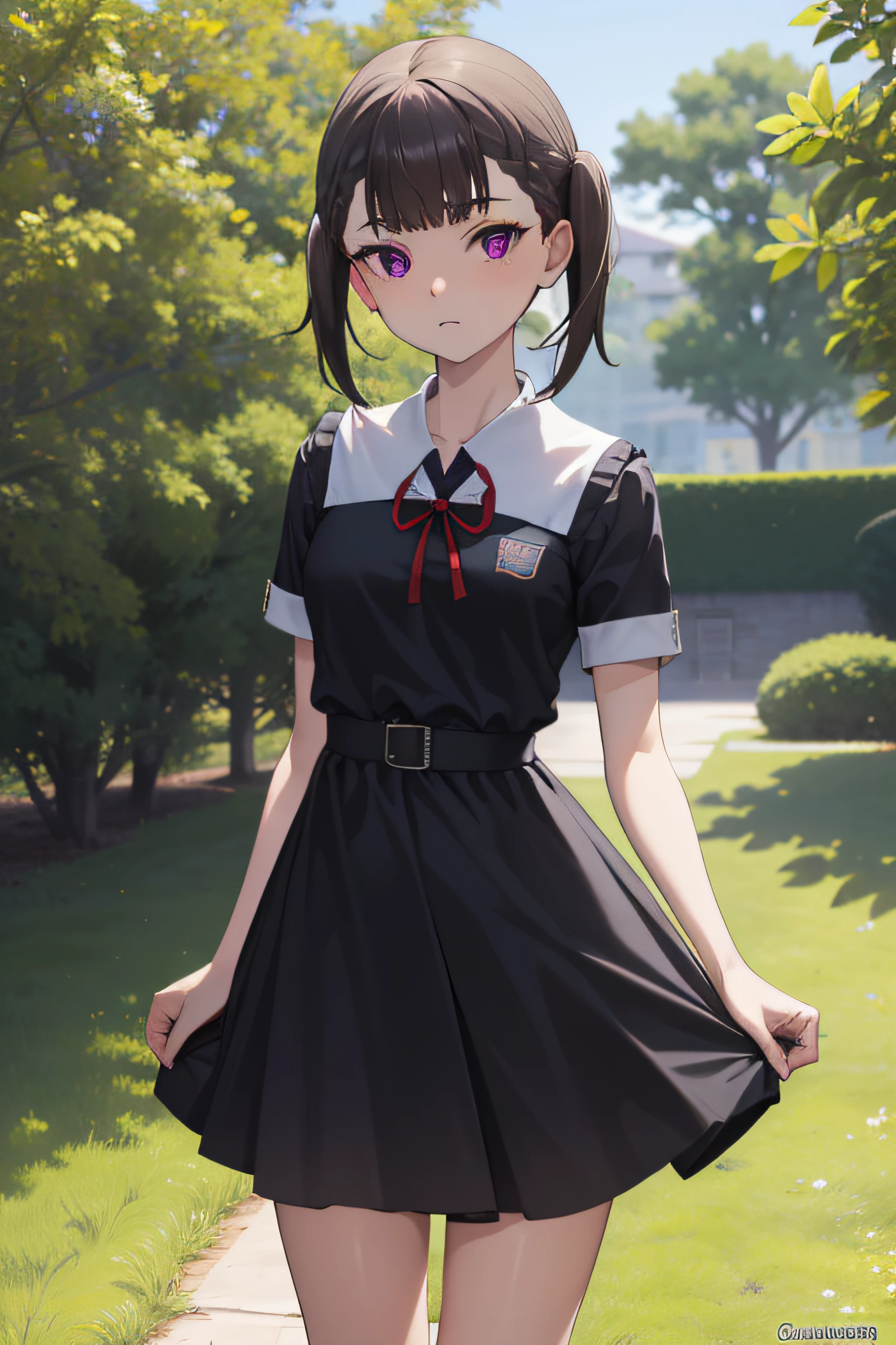 makishijou, maki shijou, flequillo, flequillo contundente, (purple eyes:1.1), colas gemelas, Dos lados hacia arriba, trenza, Colas gemelas cortas,
Mangas largas QUEBRAR, vestido, cinta, Uniforme escolar, vestido negro, red ribbon, Cinta para el cuello, vestido con cuello, Uniforme escolar de la Academia Shuuchiin,
DESCANSO al aire libre,
DESCANSO mirando al espectador, (Disparo de vaquero:1.5),
QUEBRAR (Obra maestra:1.2), La mejor calidad, High resolution, Unidad 8K Fondo de pantalla, (illustration:0.8), (hermosos ojos detallados:1.6), Cara extremadamente detallada, Perfect lighting, CG extremadamente detallado, (Manos perfectas, Perfect anatomy),