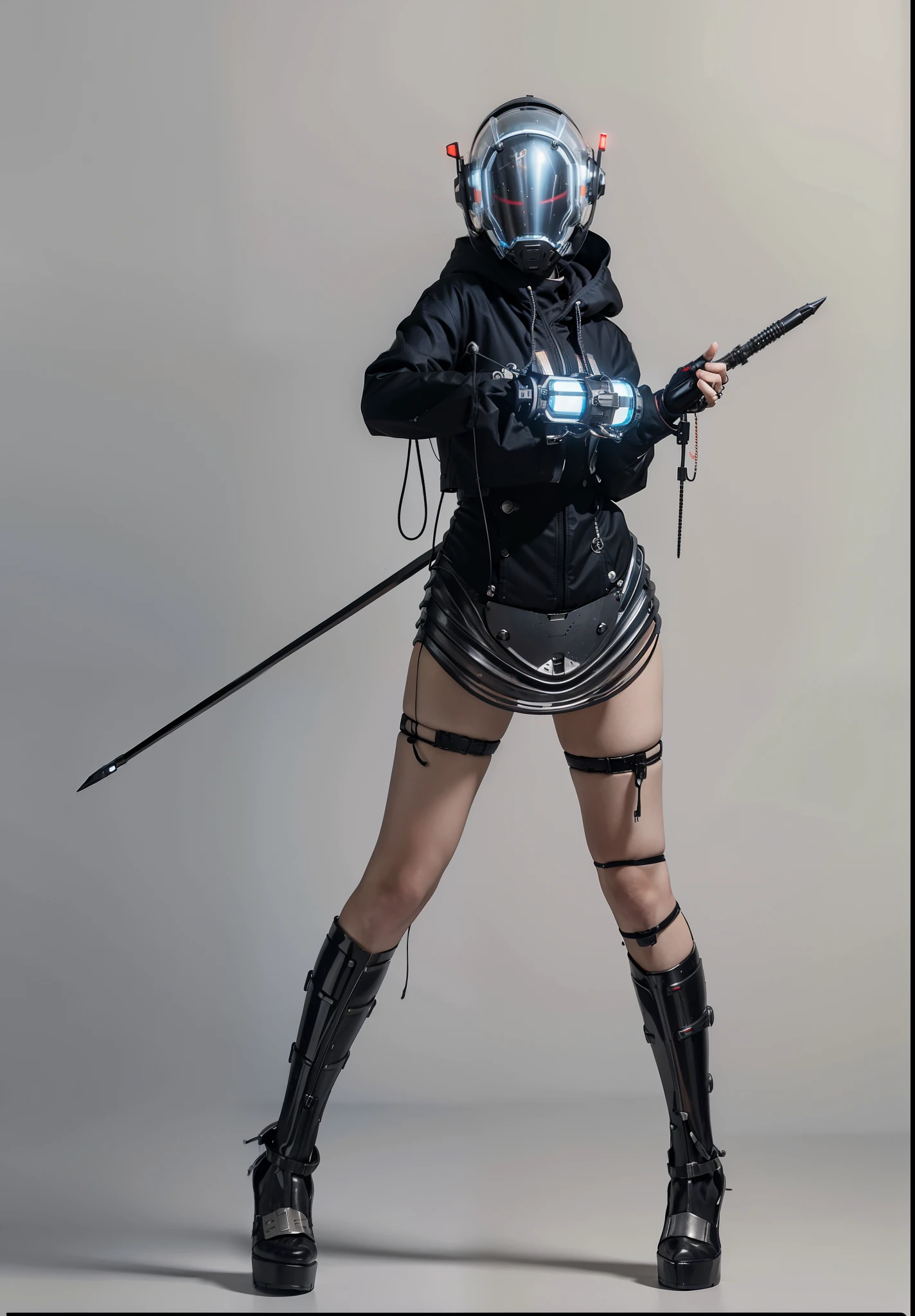 Fantasy cyberpunk world,1 Mechanical Miracle,Robots defend world order;Samurai mechanical armor,Equip transparent weapons,Streamlined black and red design,wearing in black cloak,A big part of a 1-person robot,Art of the highest quality,8K ultra-high resolution,动态照明,cinematic splendor,Vibrant colors,Wearing a cyberpunk space helmet,Luminous mechanical protective mask,Future high-tech tactical helmet,Steel Mechanical Armor