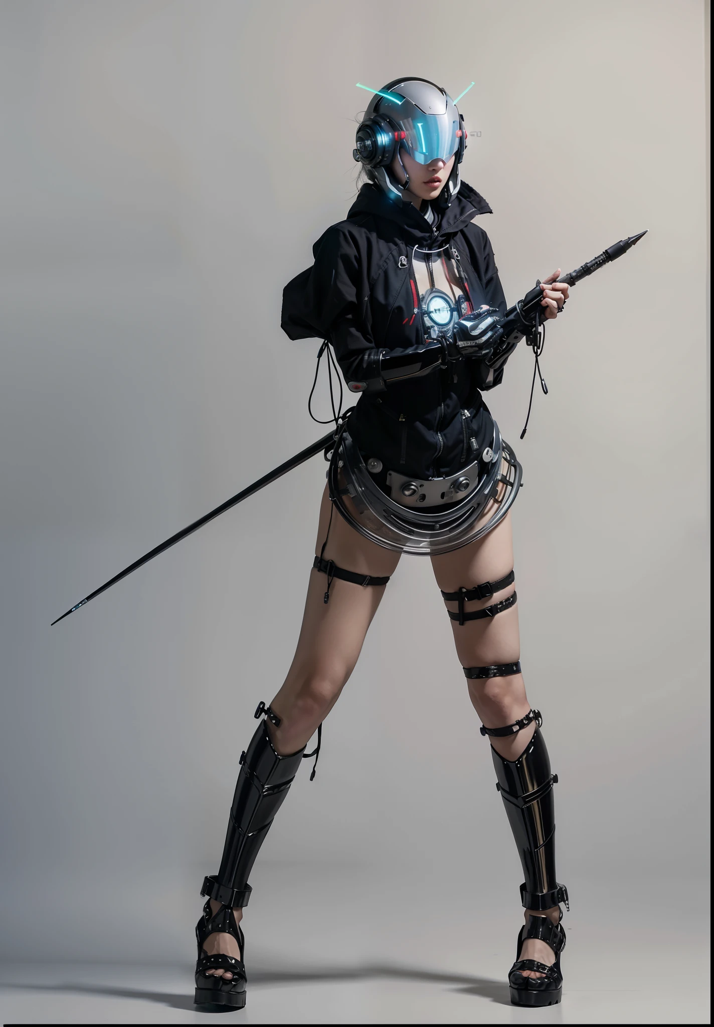 Fantasy cyberpunk world,1 Mechanical Miracle,Robots defend world order;Samurai mechanical armor,Equip transparent weapons,Streamlined black and red design,wearing in black cloak,A big part of a 1-person robot,Art of the highest quality,8K ultra-high resolution,动态照明,cinematic splendor,vivd colour,Wearing a cyberpunk space helmet,Luminous mechanical protective mask,Future high-tech tactical helmet,Steel Mechanical Armor