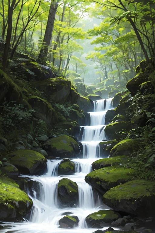 A small stream flows through a lush area、rocky green fields, Background with, Gentle sparkling forest stream, anime backgrounds, Small river, Anime background art, realistic water, Anime nature wallpaper, background artwork, Anime Nature, small stream, arte de fundo, mistic , small stream, river creek, real-life brook, random background scene, Small pond, water flowing