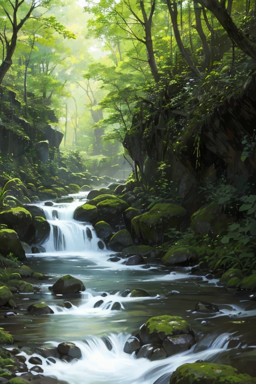 A small stream flows through a lush area、rocky green fields, Background with, Gentle sparkling forest stream, anime backgrounds, Small river, Anime background art, realistic water, Anime nature wallpaper, background artwork, Anime Nature, small stream, arte de fundo, mistic , small stream, river creek, real-life brook, random background scene, Small pond, water flowing