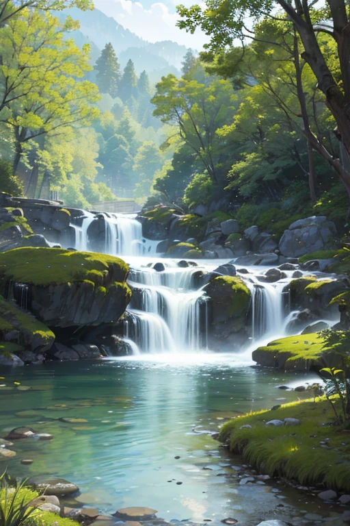 (best quality,4k,8k,highres,masterpiece:1.2),ultra-detailed,(realistic,photorealistic,photo-realistic:1.37),scenic rocky green field, mobile game background, gentle sparkling forest stream, anime background, river stream, anime background art, realistic water, anime nature wallpaper, background artwork, anime nature, creek, background art, mysterious, brook, realistic life-like stream, random background scene, small pond, water flow