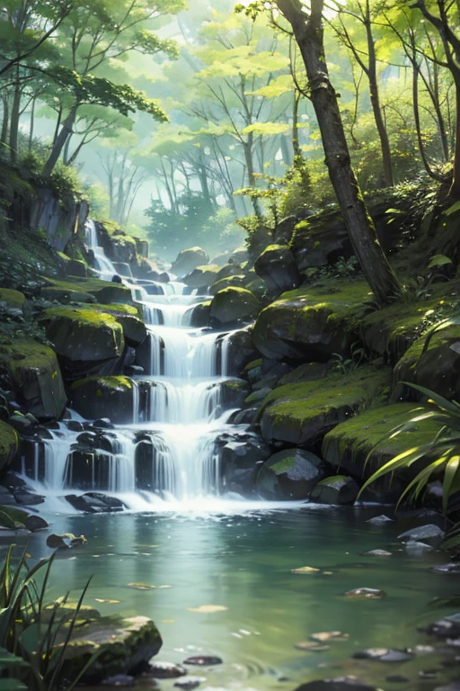 (best quality,4k,8k,highres,masterpiece:1.2),ultra-detailed,(realistic,photorealistic,photo-realistic:1.37),scenic rocky green field, mobile game background, gentle sparkling forest stream, anime background, river stream, anime background art, realistic water, anime nature wallpaper, background artwork, anime nature, creek, background art, mysterious, brook, realistic life-like stream, random background scene, small pond, water flow