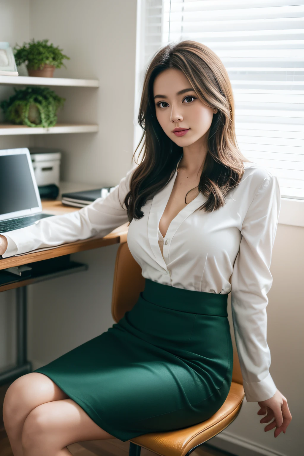 Beauty、BeautyOL、Detailed face、Realistic、beautiful girl、Beauty、Office Lady Uniform、beauty、Beautiful woman、Narrow waist、Handsome woman、Tight skirt look、suit、Sexy pose、Tight mini skirt