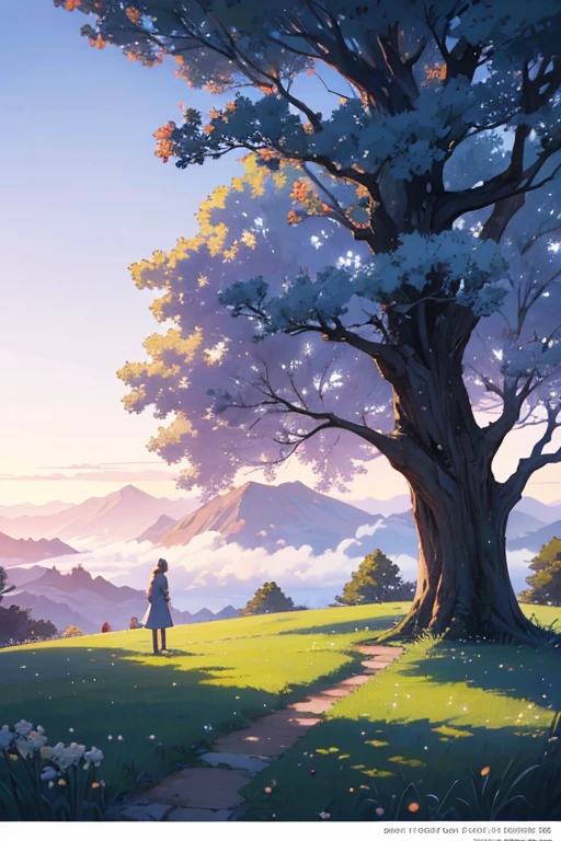 There is a tree in the foreground，It produces white flowers, anime backgrounds, Anime beautiful peaceful scene, Anime countryside landscape, Colorful anime movie background, Anime background art, Anime Nature, anime movie backgrounds, beautiful anime scenery, beautiful anime scenes, Anime landscape wallpaper, Anime nature wallpaper, Today’s recommended anime is still, daytime ethereal anime, Anime landscapes