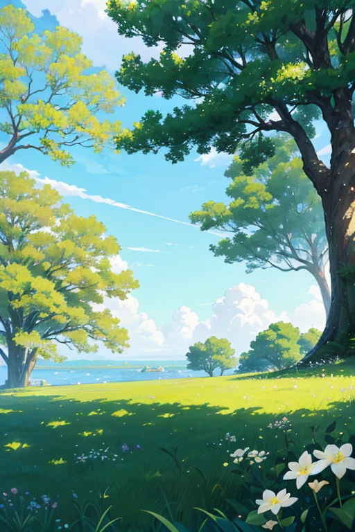 There is a tree in the foreground，It produces white flowers, anime backgrounds, Anime beautiful peaceful scene, Anime countryside landscape, Colorful anime movie background, Anime background art, Anime Nature, anime movie backgrounds, beautiful anime scenery, beautiful anime scenes, Anime landscape wallpaper, Anime nature wallpaper, Today’s recommended anime is still, daytime ethereal anime, Anime landscapes