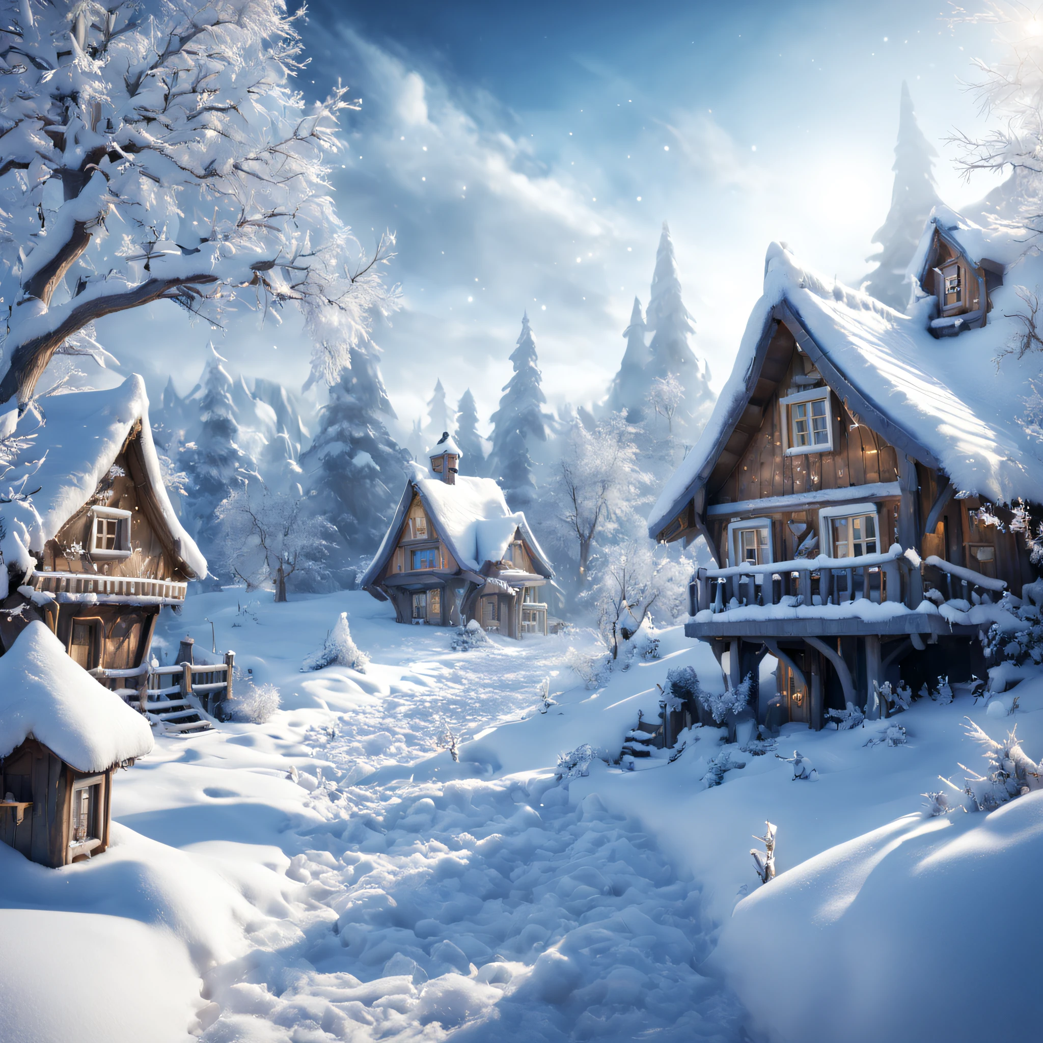 Close-up photo of a magical Winter Wonderland.., A winter wonderland with its snowy inhabitants, Winter snow houses and snow creatures, in a fabulous Winter Wonderland, A winter wonderland with its own details, great depth of field, Hi-Def, Extremely realistic, Extremely detailed, cinematic treatment, HDR, Photorealistic, tmasterpiece