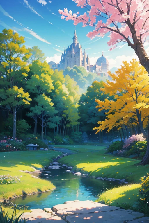 (best quality,4k,8k,highres,masterpiece:1.2),ultra-detailed,realistic, vibrant and colorful, anime-style background, beautiful and peaceful scene, countryside landscape, a yellow tree with white flowers in the foreground, vibrant and colorful anime movie backdrop, artistic anime background, natural anime scenery, anime movie backdrop, beautiful anime landscape, beautiful anime scene, anime landscape wallpaper, anime nature wallpaper, today's recommended anime is, bright and ethereal anime, anime landscape)