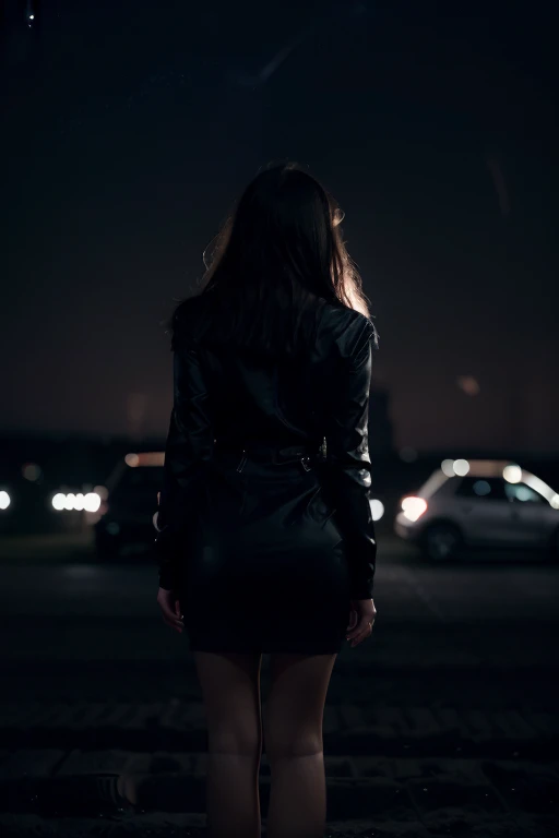 1girl, 20 years old, a beautiful girl (looking at the night sky: 1.4), wearing an elegant dress, firework, windy, (full body: 1.5), back to camera, prague, car headlight seen in the background, movie scene, cinematic light, low light, (very dark scene), (anamorphic lens bokeh: 1.4), composition from below