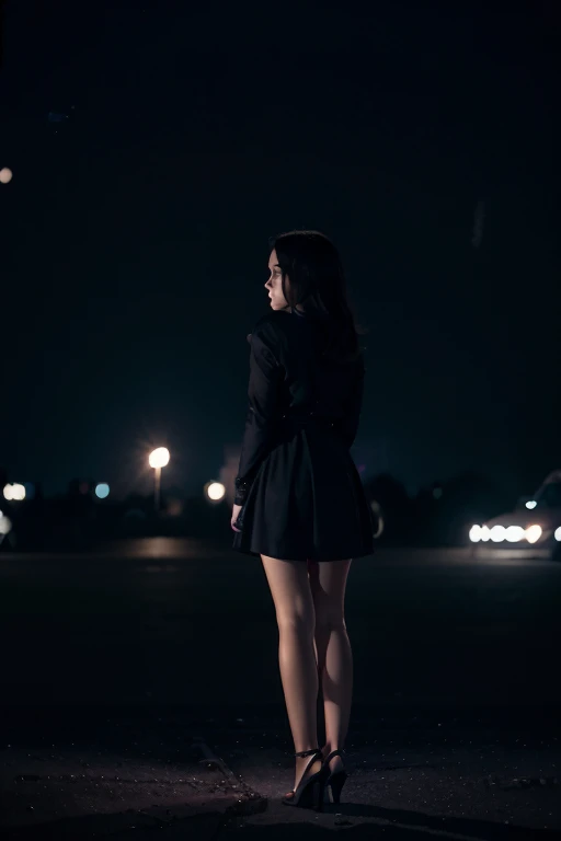 1girl, 20 years old, a beautiful girl (looking at the night sky: 1.4), wearing an elegant dress, firework, windy, (full body: 1.5), back to camera, prague, car headlight seen in the background, movie scene, cinematic light, low light, (very dark scene), (anamorphic lens bokeh: 1.4), composition from below