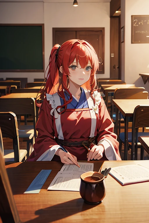 Anime scene classroom with tables and benches，There is also a woman in red, tavern background, Inside the tavern, typical anime classroom, Figures in robes sit around a table, Reincarnated Starla Slime Dartacon, Evening in a medieval tavern, TV animation stills, Mushoku Tensei, Medieval tavern, anime scene, outerspace