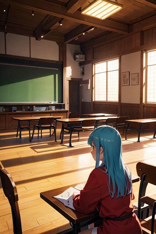 Anime scene classroom with tables and benches,There is also a woman in red, tavern background, Inside the tavern, typical anime classroom, Figures in robes sit around a table, Reincarnated Starla Slime Dartacon, Evening in a medieval tavern, TV animation stills, Mushoku Tensei, Medieval tavern, anime scene, outerspace