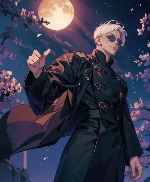 Smug look, looking at viewer, big blue eyes, black round sunglasses, big smile