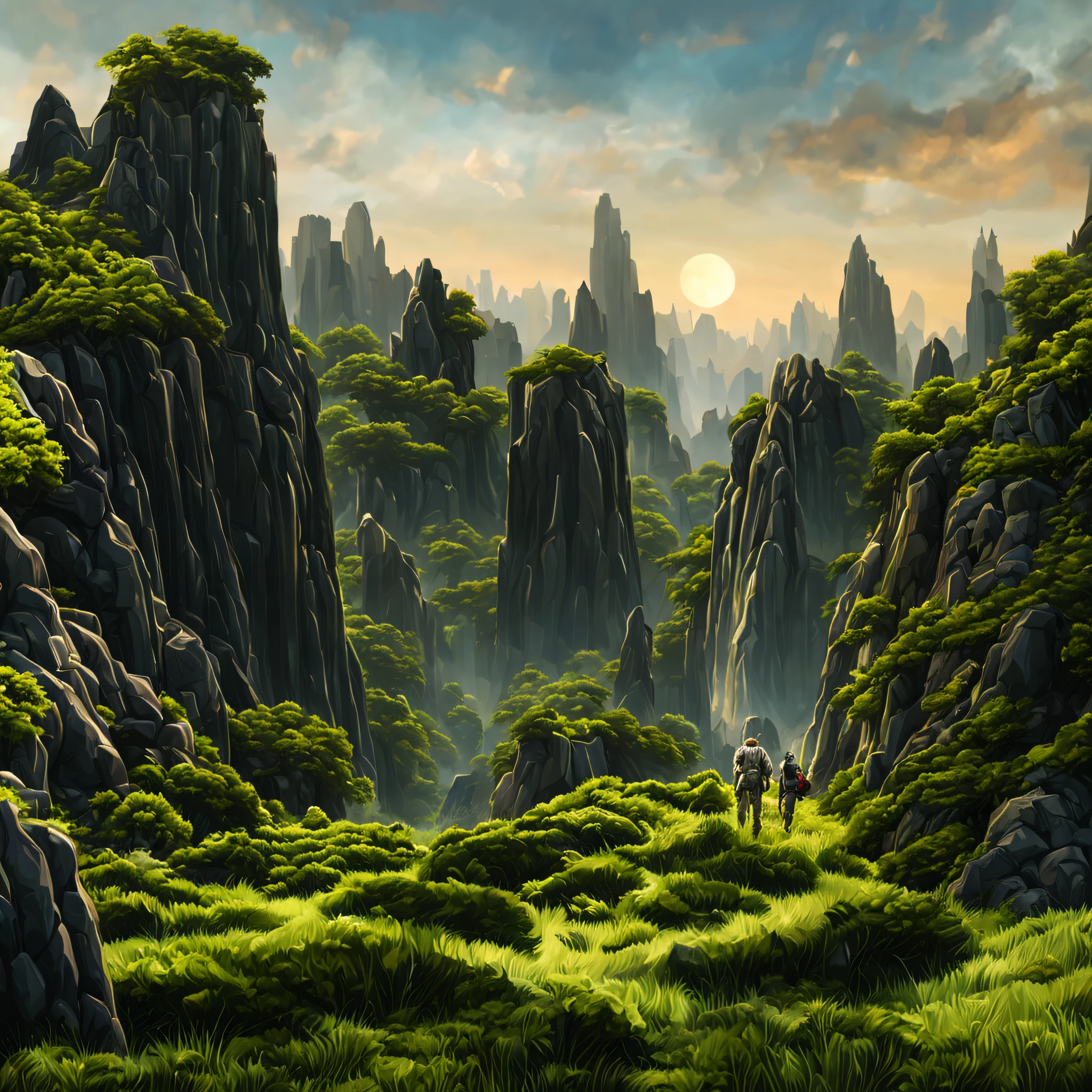 create a digital matte painting of a forest landscape with many tall green trees, with giant rocky mountains in a science fiction movie setting with ancient stone temples embedded in high rocks, the scene takes place in a clearing in the center of a dense and wide forest of trees and giant plants, in the sky of this illustration, um astronauta masculino de uniforme branco caminha em uma estrada de pedra perto de uma escadaria gigante de um templo, Close detalhado e realista do astronauta, close-up do traje espacial do astronauta, close-up de perspectiva dupla de baixo para cima, add a field full of red flower buds on the ground next to a nearby path with low green grass towards the large forest and situated in the background of the scene against the background of a blue sky with white 3D clouds along a long path, ultra realism in matte painting illustration cinematography based on the matte painting art of artist Albert Whitlock