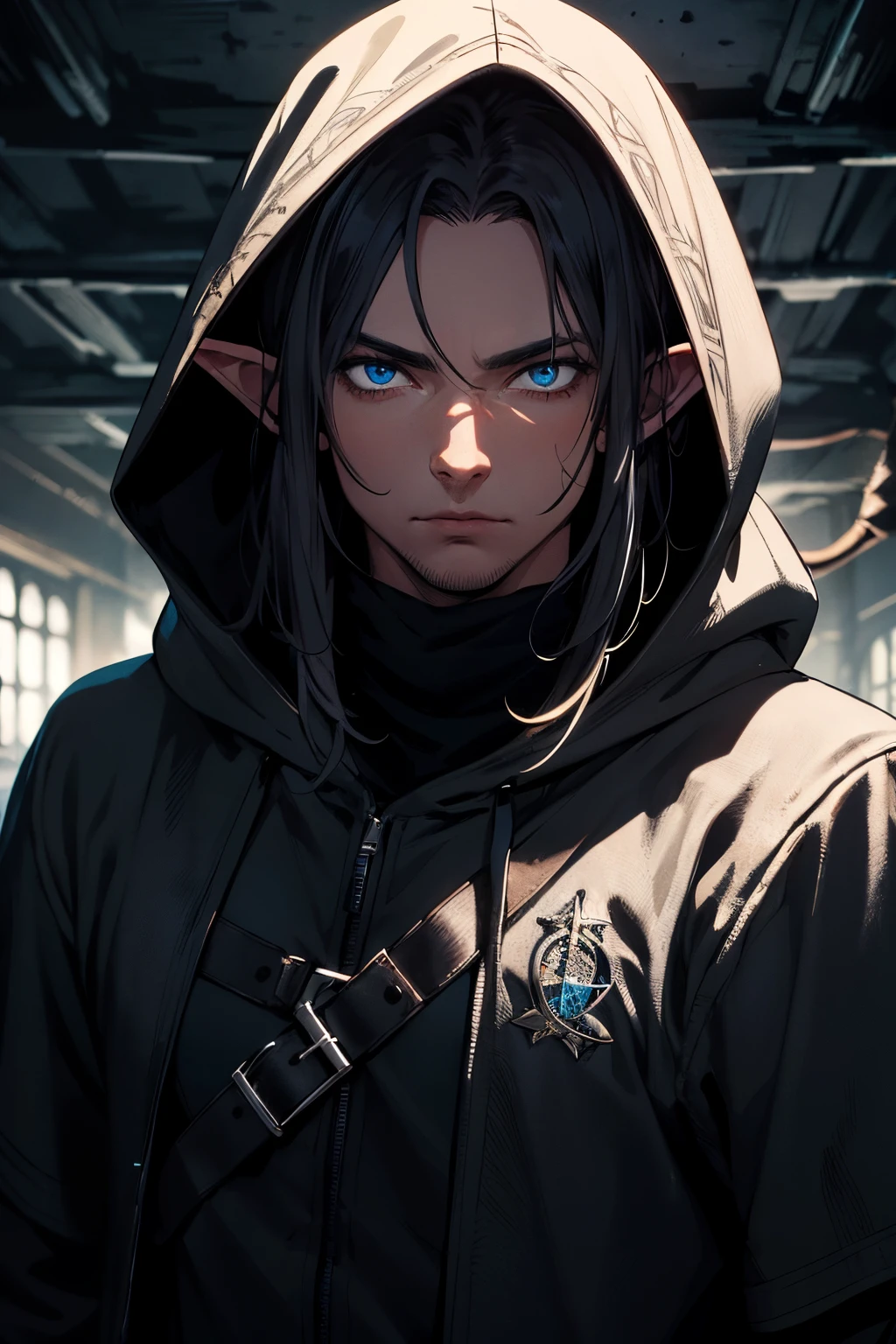 (extremely detailed 8k wallpaper), a medium shot of a fearful rogue, male, elf, male focus, black hair, blue eyes, black medieval thief clothing, hooded, in a dark dungeon, intricate, high detail