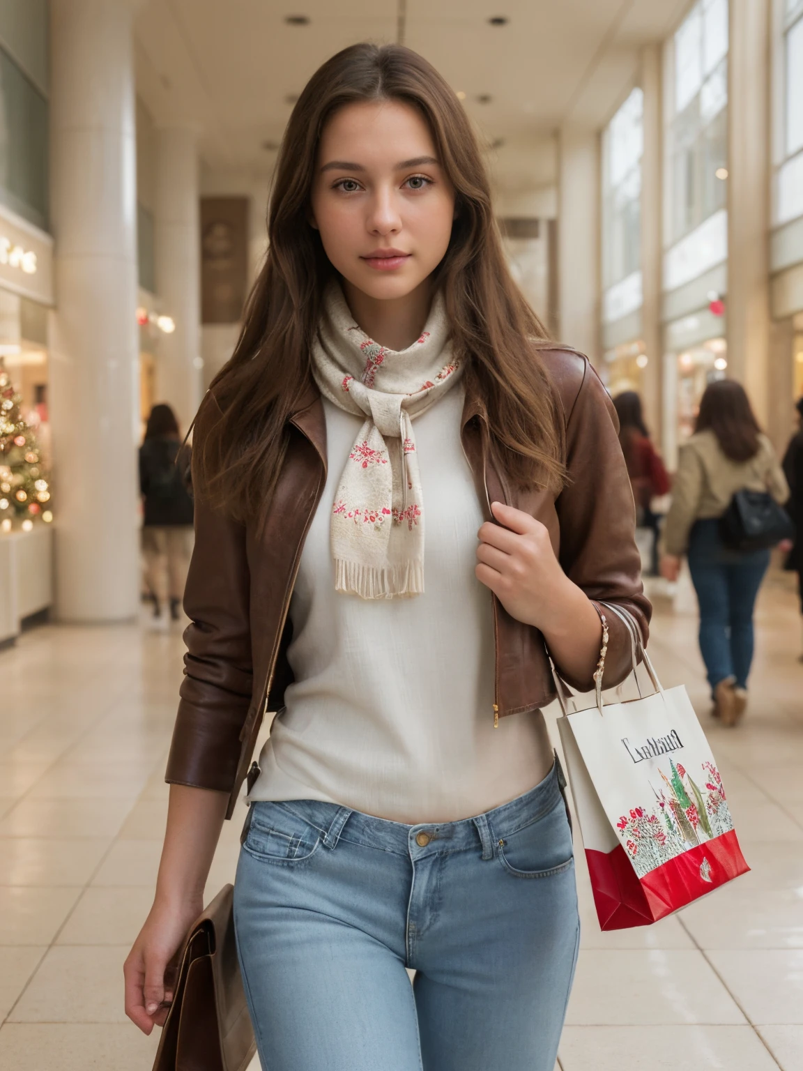 Beautiful European girl with brown eyes and brunette hair, wearing a brown leather jacket, white blouse, a red and white patterned scarf and blue jean pants. She is carrying shopping bags in each hand. She is walking through a large shopping mall which is decorated for Christmas. Ultra-high resolution, (photorealistic: 1.4), high resolution, (brown eyes), (finely detailed skin), (perfectly proportioned) (photo realistic) (masterpiece) (photorealistic), ultrarealistic (Best Quality) (Detailed) photographed in a Canon EOS R5, 50mm Lens, F/2.8, (8K) (Wallpaper) (Natural lighting) (Convoluted) Fashion