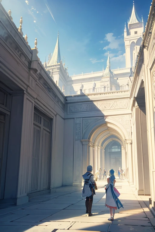 There is a huge white building，There is a green door，A man and a woman are standing in front, palace background, light kingdom backdrop, a temple background, Gemasa Elf Palace, Stunning mysterious background, screenshot from the anime film, cathedral background, anime scene, castle scene manga, background depicting a temple, Rune Factory 5 art style