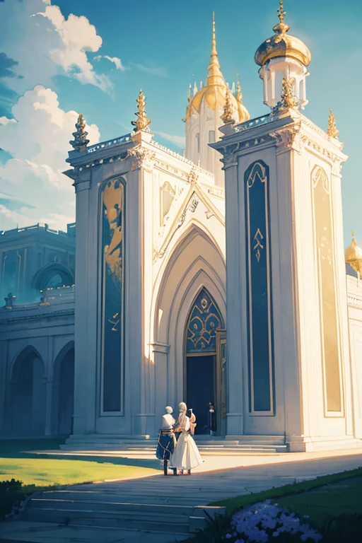 There is a huge white building,There is a green door,A man and a woman are standing in front, palace background, light kingdom backdrop, a temple background, Gemasa Elf Palace, Stunning mysterious background, screenshot from the anime film, cathedral background, anime scene, castle scene manga, background depicting a temple, Rune Factory 5 art style