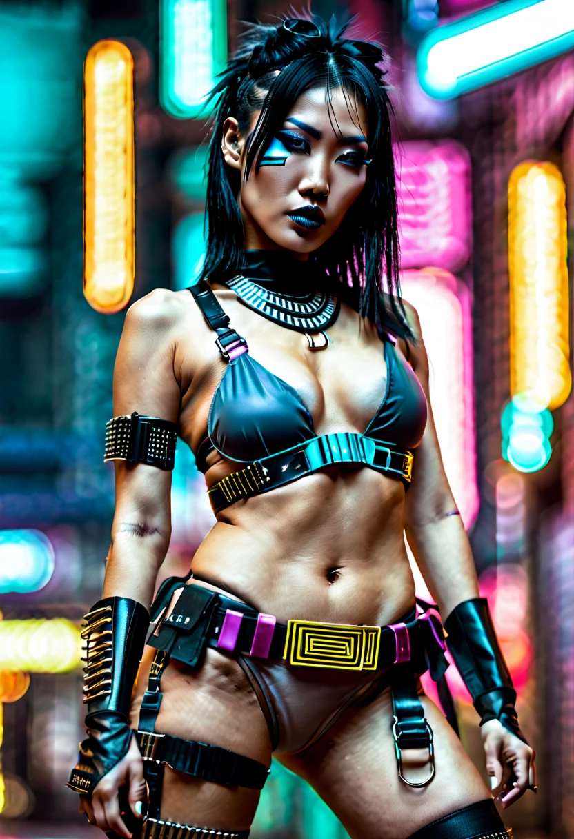 dark cyberpunk city ruins, Beautiful Asian cyberpunk woman with dark cleopatra style eyeliner and under eye makeup, wearing a cyberpunk thong bikini combat boots and equipment belt